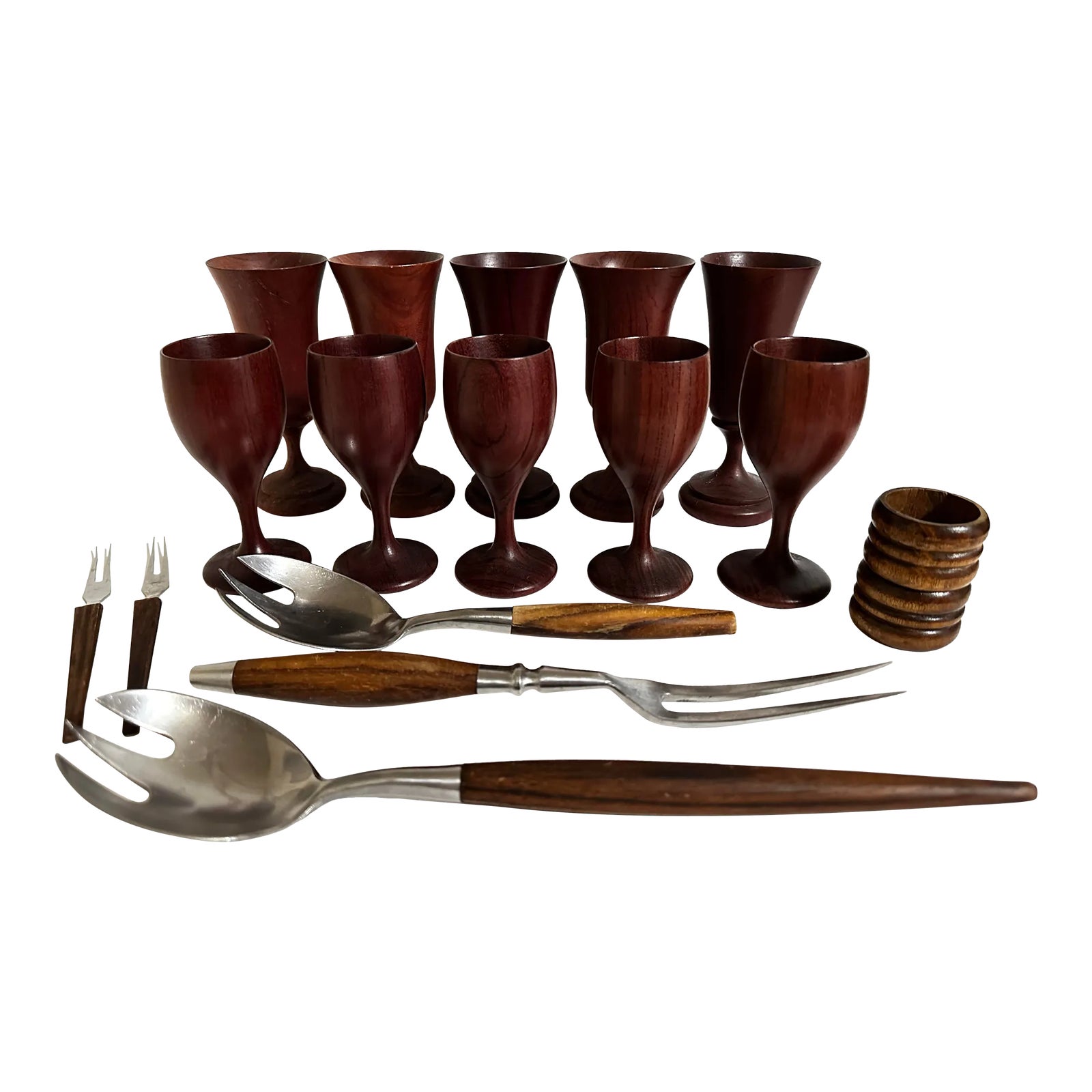 Vintage Mid-Century Modern Wood Teak Drink, Napkin Rings & Utensil Set ...
