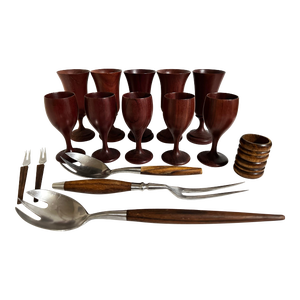 Vintage Mid-Century Modern Wood Teak Drink, Napkin Rings & Utensil Set- 17 Pieces