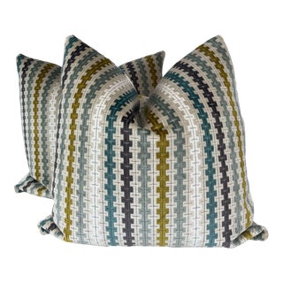 Luxury Fabrics "Aiden Geo Cut Velvet" in Aquatones For Sale