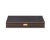 Dark brown croc leather backgammon game board with walnut trim and a cast brass handle. Interior is crafted of inlaid...