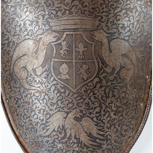 Wood 19th Century Renaissance Medieval Revival Etched Steel Heater Shield For Sale - Image 7 of 12