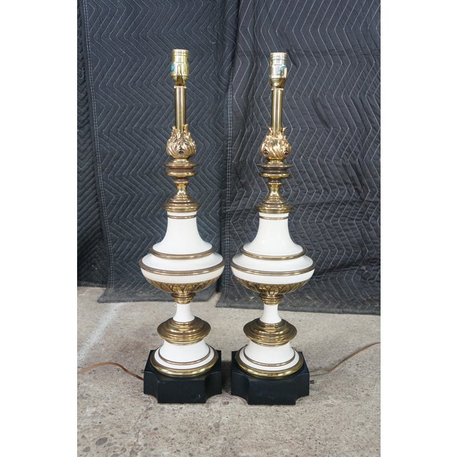 Mid 20th Century Stiffel Hollywood Regency Empire White Enamel & Brass Buffet Table Lamps - Pair For Sale - Image 9 of 18