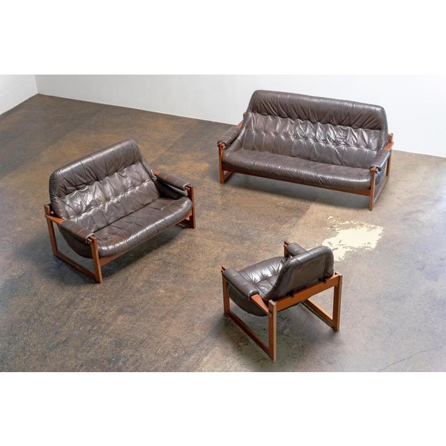 1960s Brazilian Modern Leather Sofas and Lounge Chair by Percival Lafer, 1970s, Set of 3 For Sale - Image 5 of 18