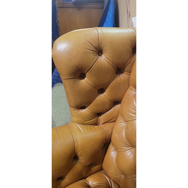 Vintage 1950s Leather Tufted Chippendale Wing Chair For Sale - Image 12 of 14