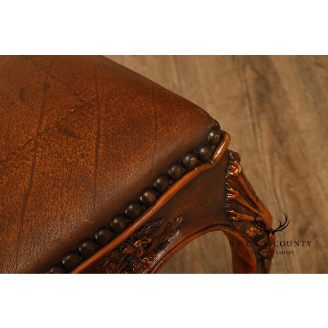 Theodore Alexander Rococo Style Leather Upholstered Carved Mahogany Window Bench For Sale - Image 4 of 18
