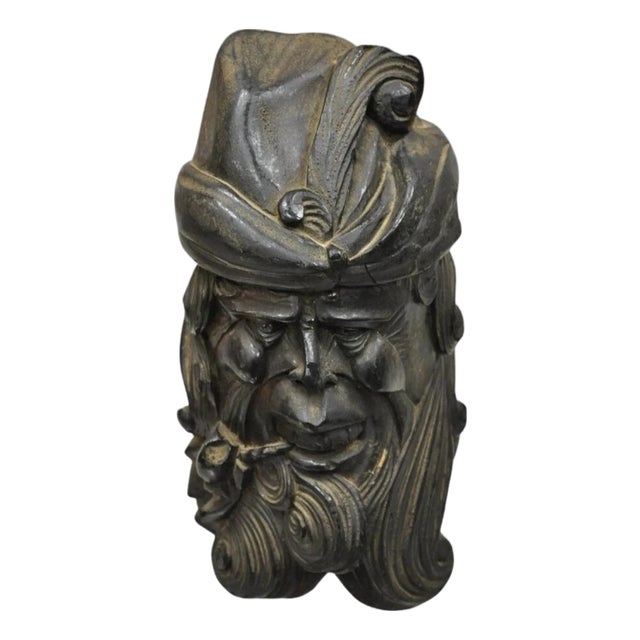 19th C European Black Forest Figural Wood Carved Bearded Man Lidded Tobacco Jar For Sale