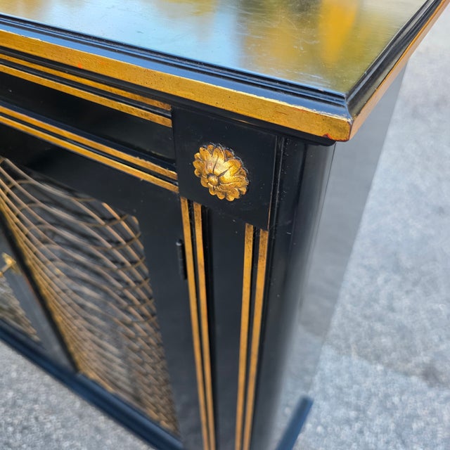 Late 20th Century Pair of Baker Furniture Neoclassical Black Lacquer and Gilt Cabinets With Decorative Wire-Mesh Grille Doors For Sale - Image 15 of 17