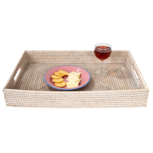 Artifacts Rattan Rectangular Tray With Cutout Handles, White Wash, 20" For Sale - Image 4 of 6