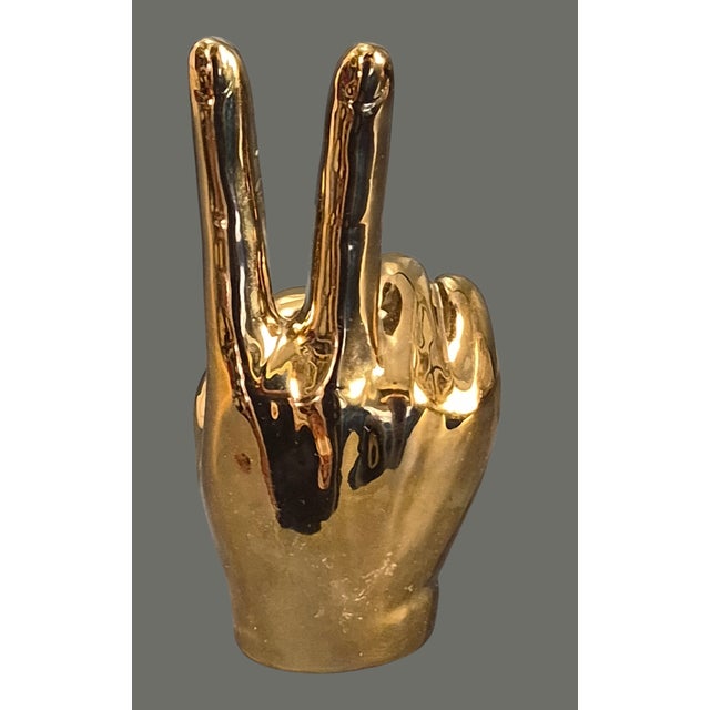 Vintage Metallic Gold Coated Brass Peace Victory Hand Gesture For Sale - Image 4 of 7