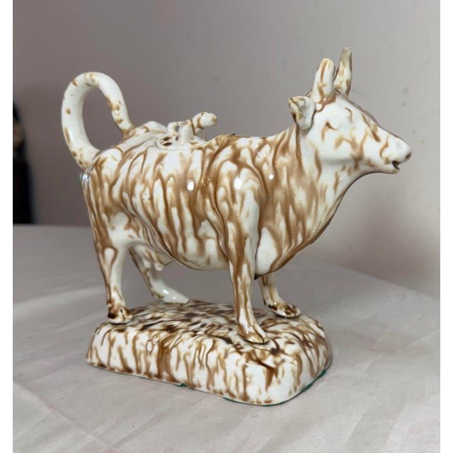 Antique Staffordshire Pottery Brown Drip Glaze Figural Cow Creamer For Sale - Image 4 of 15