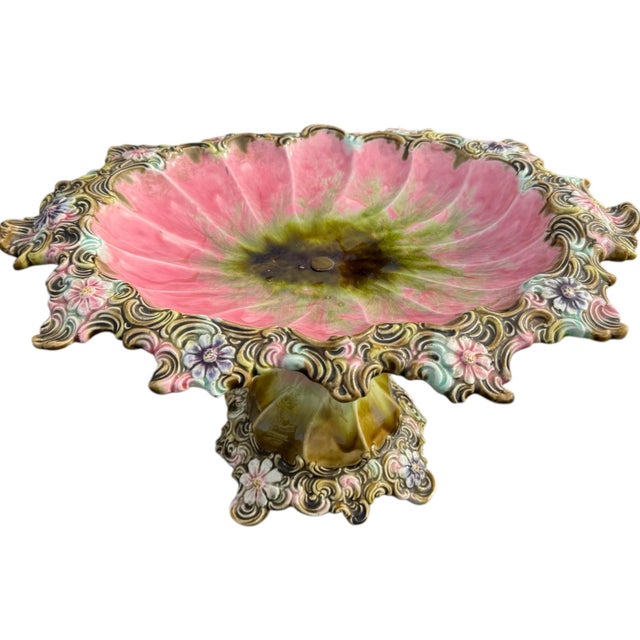 Lovely European naturalistic form majolica compote featuring beautiful lustrous glazes in pink and greens with touches of...