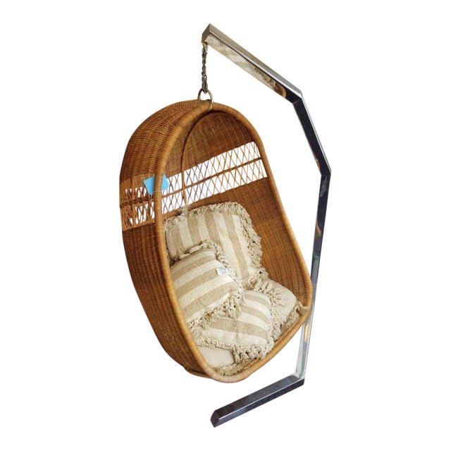 1970's Space Age Hanging Woven Wicker Egg Chair on Chrome Stand Chairish