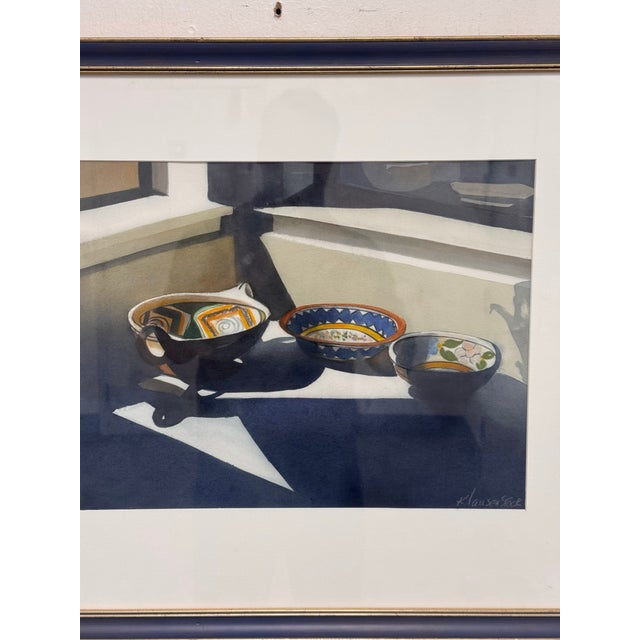 Paper Judith Klausenstock Three Mexican Bowls Framed Watercolor, Circa 2002 For Sale - Image 7 of 11