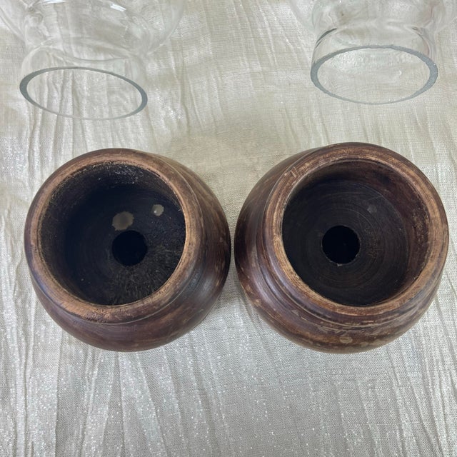 Brown Pair Vintage Italian Wood & Blown Glass Hurricane Candle Holders For Sale - Image 8 of 12