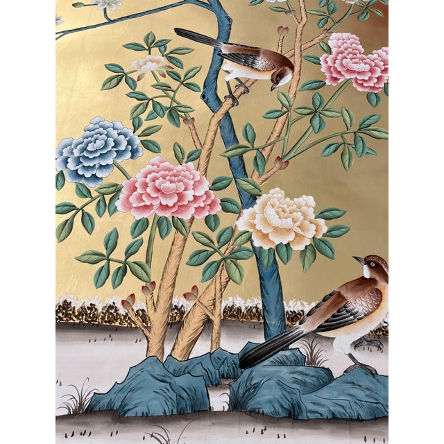 Gold Leaf Chinoiserie Hand-Painted Bird & Floral Wall Panels (Set of 2) For Sale - Image 6 of 6