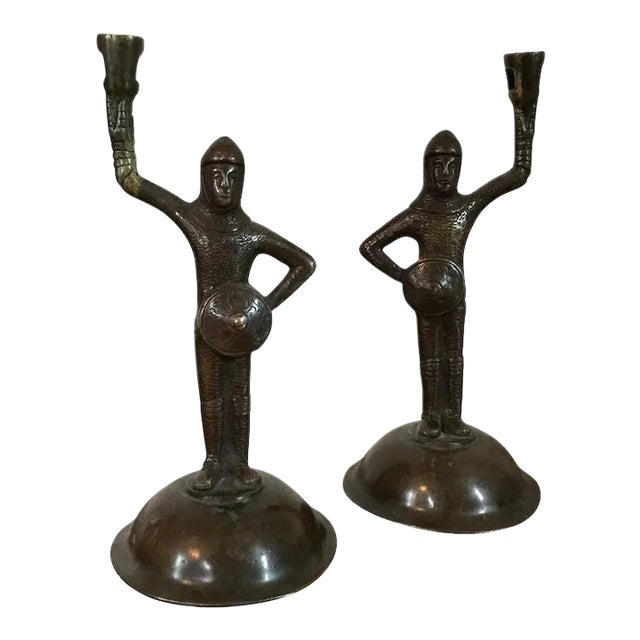 19th Century Bronze Arthurian Knights of the Middle Ages Dressed in Armor Figural Candlesticks - A Pair For Sale