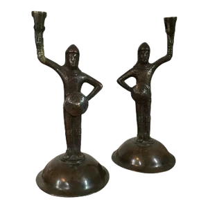 19th Century Bronze Arthurian Knights of the Middle Ages Dressed in Armor Figural Candlesticks - A Pair
