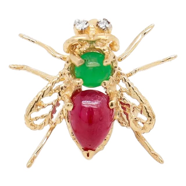 14k Gold, Ruby, Emerald, & Diamond Figural Insect or Bee Brooch or Pin For Sale