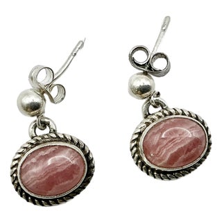 1970s Vintage Southwestern Boho Chic Judith Jack Sterling & Pink Rhodochrosite Drop Dandle Earrings - A Pair For Sale