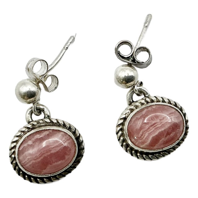 1970s Vintage Southwestern Boho Chic Judith Jack Sterling & Pink Rhodochrosite Drop Dandle Earrings - A Pair For Sale