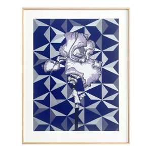 "Silver Diamonds, Purple Iris" Geometric Botanical Original Art Print, Natural Wood Framed, 22" X 28"