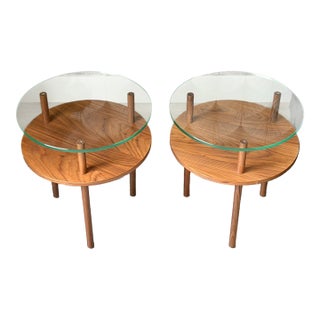 Mid-Century Modern-Style Walnut Wood and Glass "Unison" Side Tables by Design Within Reach For Sale