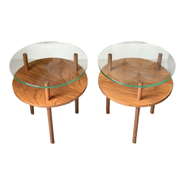 Mid-Century Modern-Style Walnut Wood and Glass "Unison" Side Tables by Design Within Reach For Sale