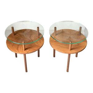 Mid-Century Modern-Style Walnut Wood and Glass "Unison" Side Tables by Design Within Reach
