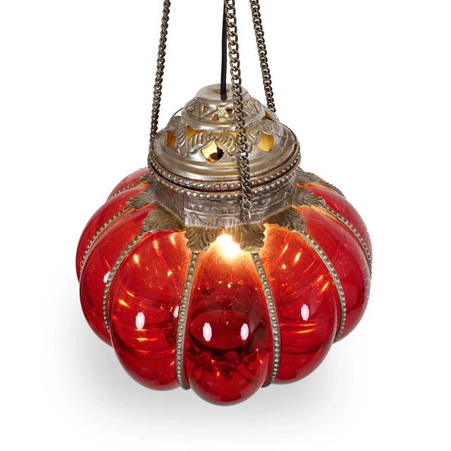 Indian Vintage Indian Red Glass Pumpkin Pendant Light For Sale - Image 3 of 5