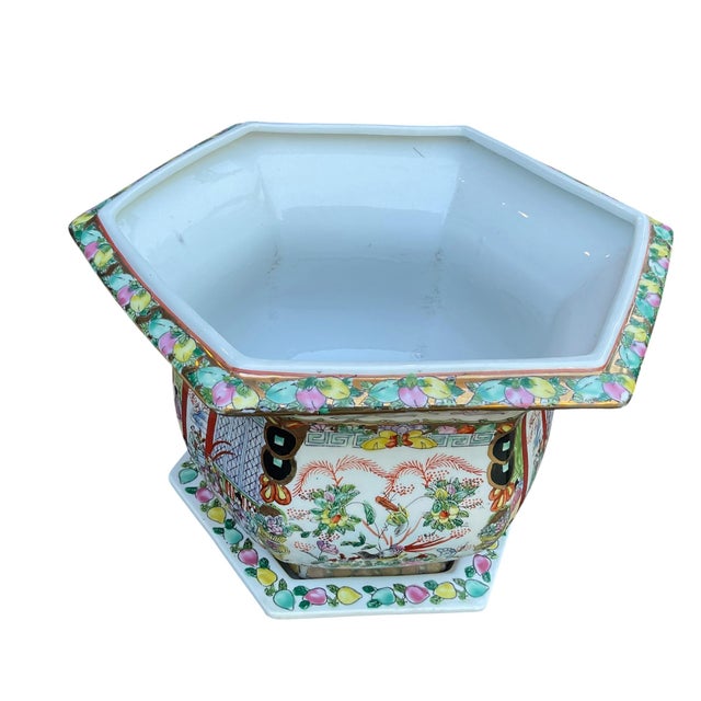 Ceramic Chinese Rose Famille Vintage Cache Pot Jardinière Planter With Saucer For Sale - Image 7 of 17