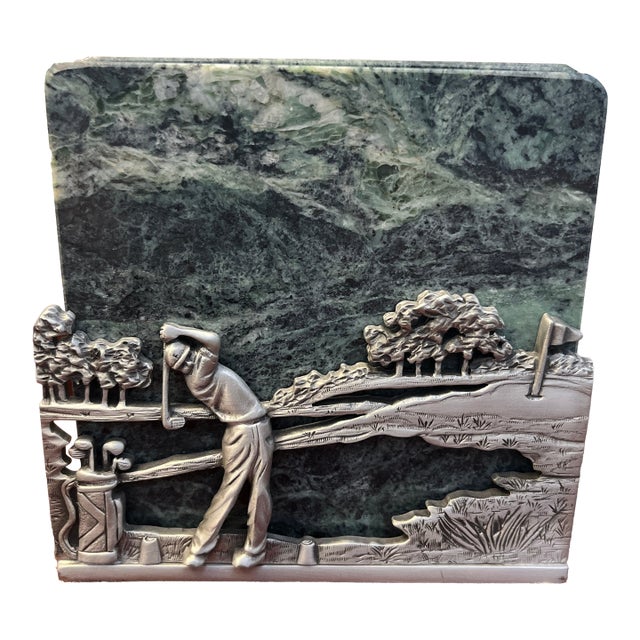 Vintage Pewter Golf Coaster Holder With Green Marble Coasters- 5 Pieces For Sale