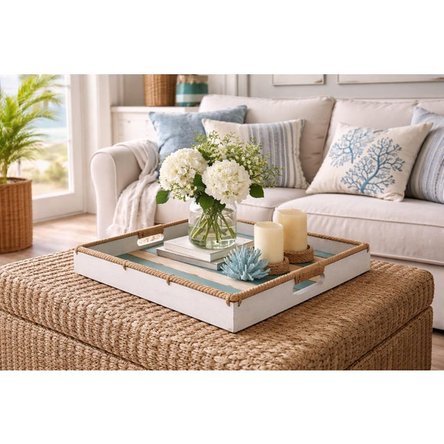 Large Coastal Rope-Handled Ottoman Tray – Weathered Beach House Wood Serving Tray, 19” Square For Sale - Image 4 of 6