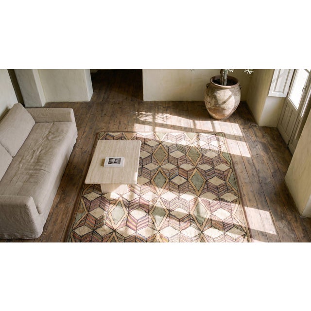 Gray 1890s Multicolor Cube Folk Art Antique American Hooked Rug 2'9" X 3'5" Hand Knotted Wool Carpet For Sale - Image 8 of 10