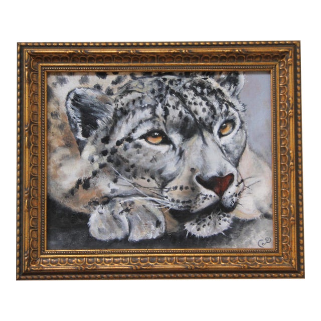 Leopard Portrait Realism Impressionism White Goldenrod Beige Gray Original Oil Painting by Cleo Plowden For Sale