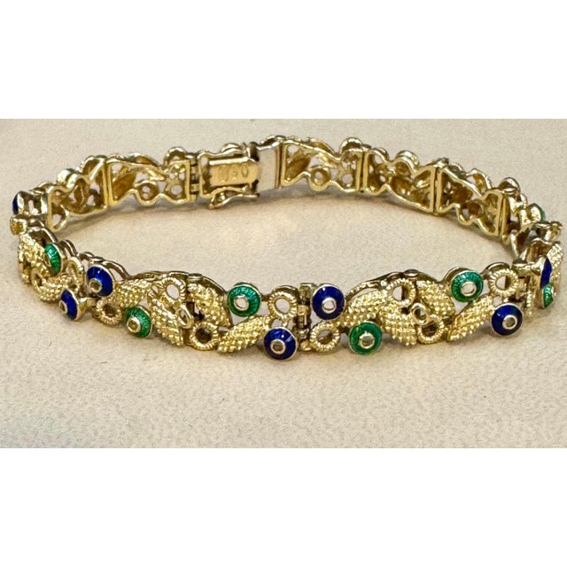 Modern 18 Karat Yellow Gold 30 Grams With Green and Blue Enamel Bracelet, 8 Inch Long For Sale - Image 3 of 8