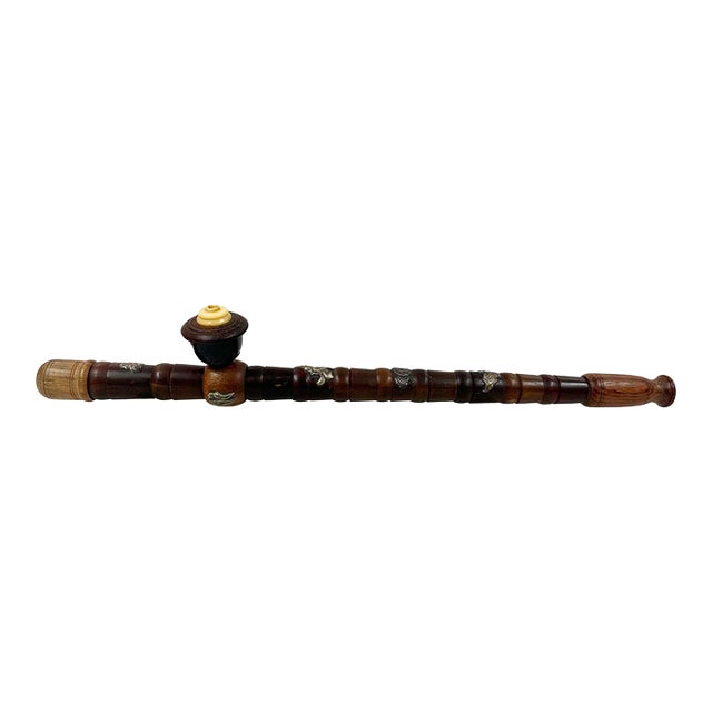 Antique Chinese Wood Carved Opium Pipe, Late Qing Dynasty, Handcrafted Art For Sale