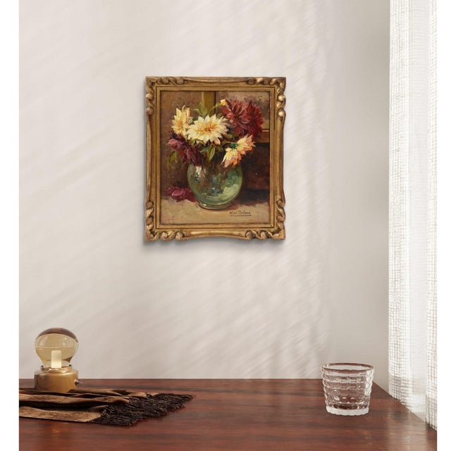 This Antique Paintings category features a floral still life, a bouquet of dahlia flowers arranged in a vase, presented...
