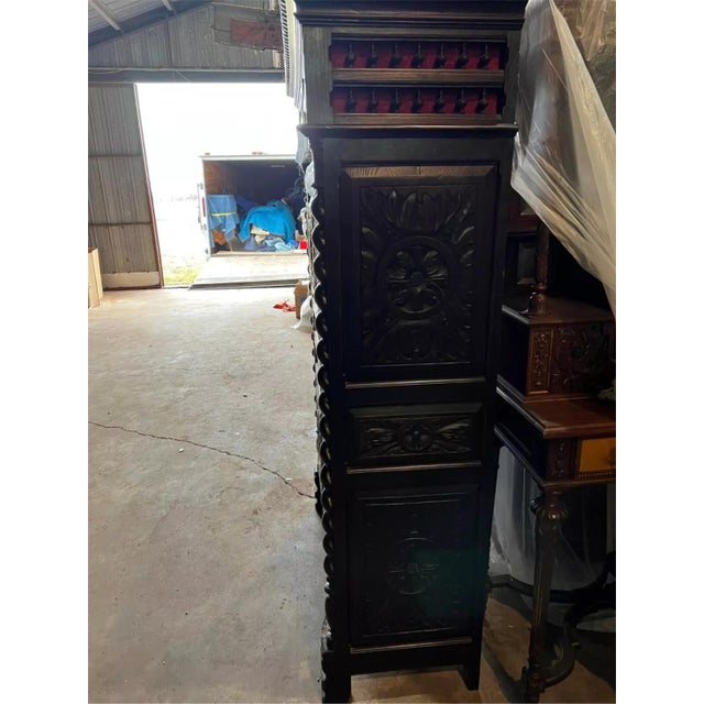 Wood 1800's Antique Breton, French, Carved, Shelves, Red Interior, Bookcase! For Sale - Image 7 of 11