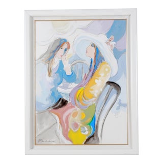 1980s Isaac Maimon "Untitled" Two Ladies Sharing Tea Artist Signed One of a Kind Original Mixed Media Framed & Matted Painting For Sale