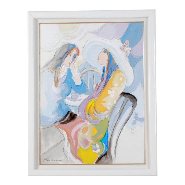 1980s Isaac Maimon "Untitled" Two Ladies Sharing Tea Artist Signed One of a Kind Original Mixed Media Framed & Matted Painting For Sale