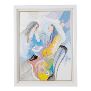 1980s Isaac Maimon "Untitled" Two Ladies Sharing Tea Artist Signed One of a Kind Original Mixed Media Framed & Matted Painting