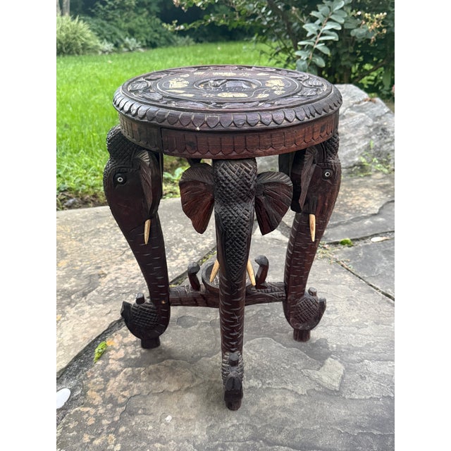 Stunning Antique Anglo-Indian Hand-Carved Elephant Side Table / Stand with Bone Inlay, c. late 19th to early 20th century....