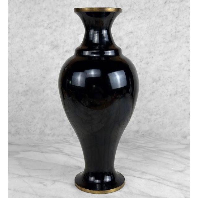 Chinese Vintage 14" Chinese Brass & Black Enamel Mother of Pearl Inlaid Vase For Sale - Image 3 of 11
