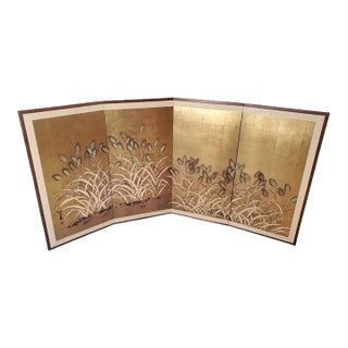 Vintage Japanese Byobu 4-Panel Gold Leaf Folding Screen Hand Painted Wheat Field Signed For Sale