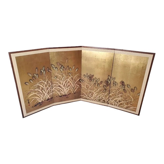 Vintage Japanese Byobu 4-Panel Gold Leaf Folding Screen Hand Painted Wheat Field Signed For Sale