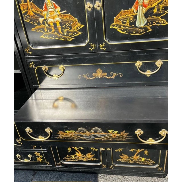 Wood 1970s Jasper Cabinet Co. Chinoiserie Black Lacquer Hand Painted Drop Down Mirror Back Bar and Desk For Sale - Image 7 of 12