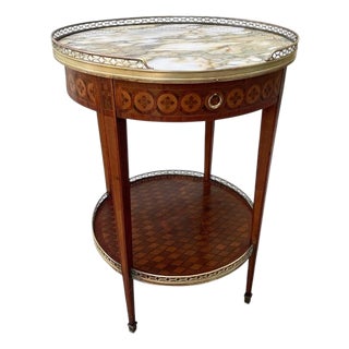Antique French Louis XVI Style Marquetry Inlaid Circular Side Table With Marble Top & Pierced Brass Gallery. For Sale