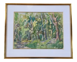 English Expressionist Watercolor Wooded Landscape. Framed, Signed, Listed Artist