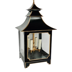 Chinoiserie Pagoda Pendant Lamp in Black Metal With Gold Accents by Summerour Lamps