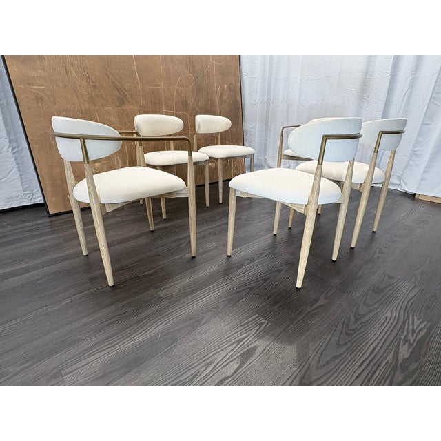 RH Restoration Hardware Arno Fabric Dining Chairs Complete Set of 6 | 4 Side Chairs & 2 Armchairs Greige Oak with Brass |...